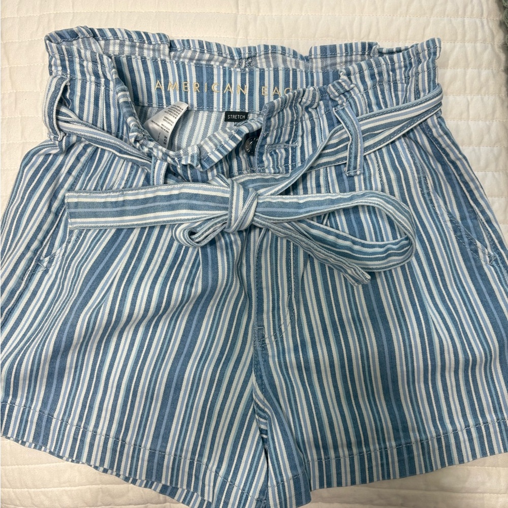 American Eagle Outfitters High Waist Blue and White Striped Shorts
